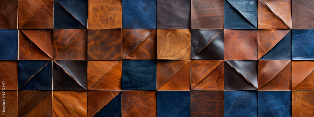 Poster a mosaic of leather in various colors and textures, arranged to create an abstract background with g