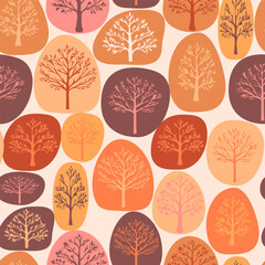 Autumn Forest Seamless Pattern. Autumn Season Texture with Trees Orange Color. Fall Vector Background. Creative Abstract Leaf Fall Design for Fabric, Textile, Surface, Prints.