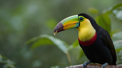 Fototapeta premium Keel-billed toucan perched on a branch, exotic tropical bird with colorful beak, vibrant wildlife photography in lush green rainforest