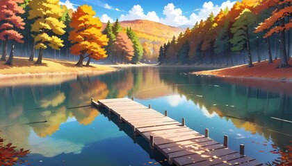 Serene lake with a wooden jetty surrounded by Autumn tree. Anime style illustration Generated by ai