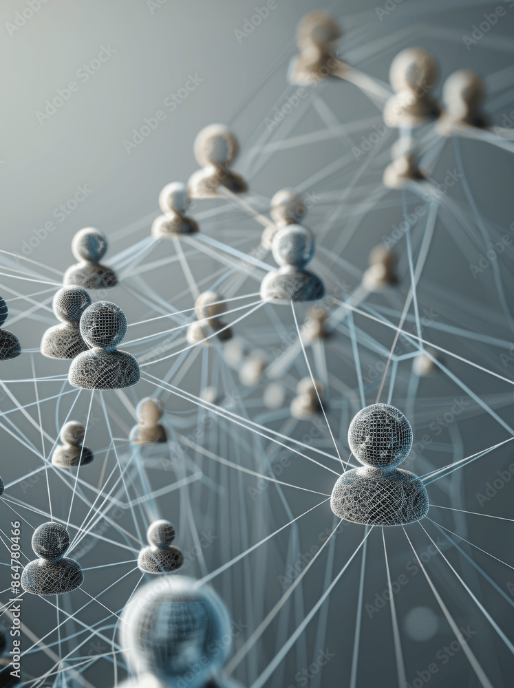 Poster 3d render social network user icons connection grey background photorealistic portrait teamwork orga