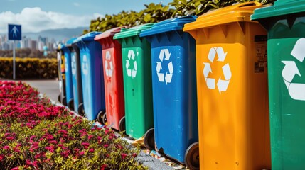 Colorful recycling bins lined up in an outdoor area, promoting waste segregation and environmental conservation.