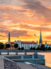 Colorful sunset over the European town and waterfront