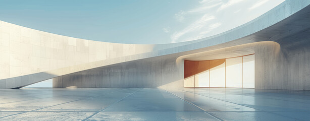 Modern Concrete Space with Curved Wall and Entrance, Contemporary Architecture Open Area, Concrete Floor Showcase, Abstract Museum Interior or Exterior Design Mockup