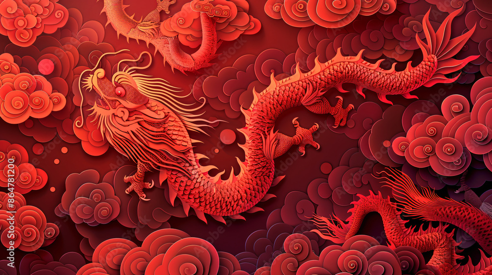 Poster red background pattern with red color chinese dragon elements hand drawn paper-cut art. warm tones w