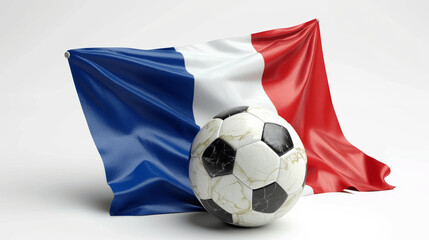 Naklejka premium 3D Render of French Flag with Soccer Ball on White Background European Championship 2024 Sport Concept France Waving Flag Football Banner Illustration