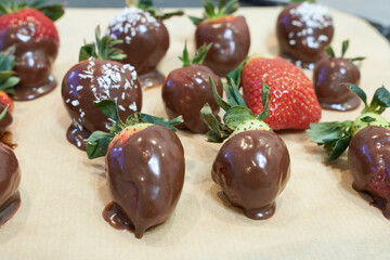 Strawberries dipped in chocolate on a baking sheet, selective focus