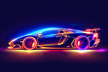 Side view neon glowing sport car silhouette. Abstract modern styled vector illustration