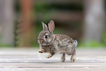 Fototapeta premium Baby rabbit hopping across a wooden surface, cute animal moment