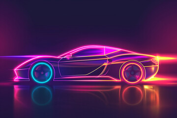 Side view neon glowing sport car silhouette. Abstract modern styled vector illustration