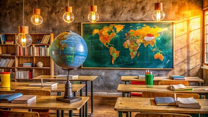 A colorful African classroom interior with a chalkboard displaying a globe, surrounded by textbooks, notebooks, and a few solar-powered lamps, symbolizing innovation.