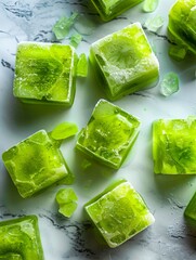 A close up of green ice cubes.