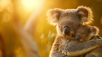 Obraz premium Heartwarming image of a koala mother lovingly embracing her baby in a sunlit forest setting, capturing a tender moment of wildlife connection.