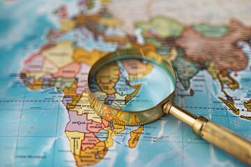 Magnifier with a world map, symbolizing global search and exploration