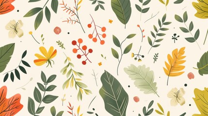A cute, flat-style illustration with a pattern of leaves, flowers, and berries in muted natural colors, background, wallpaper
