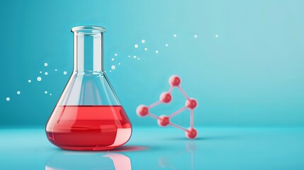 Laboratory glassware with red liquid and molecular model on blue background. Concept of science, chemistry, and research.