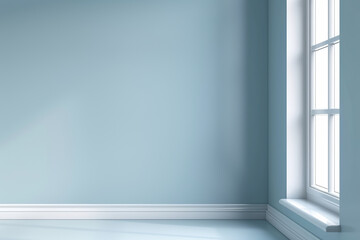 Fototapeta premium Minimalistic room interior with light blue walls and large bright window, offering a serene and peaceful atmosphere.