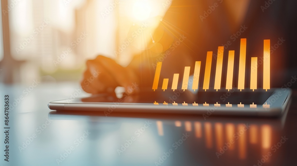 Poster person analyzing financial data on a tablet with a bar chart graph in warm sunlight, symbolizing bus