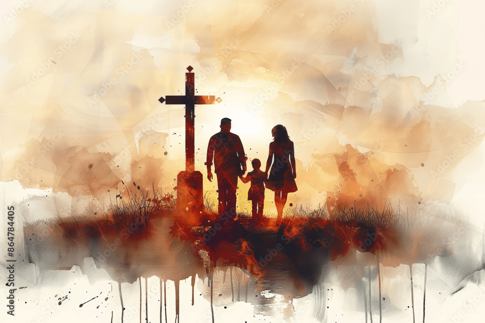 Wall mural Watercolor Family at Cross in Dreamlike Atmosphere