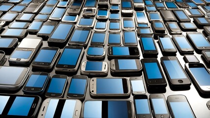 Many mobile phones on a white background