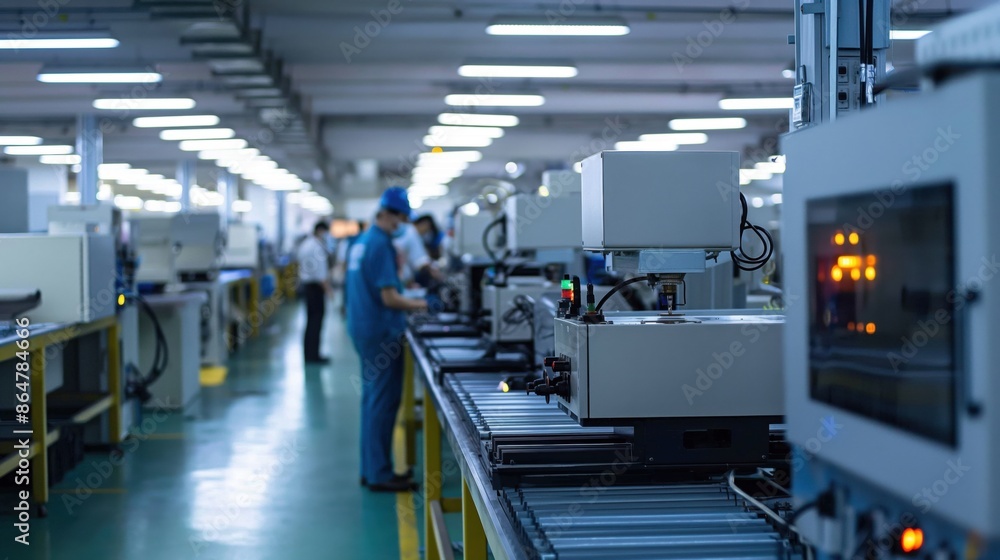 Poster modern automated factory assembly line with workers and advanced machinery in industrial setting
