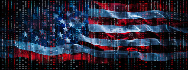 Abstract tech American flag background for futuristic technology. America future symbol for information technology in cyberspace. Waving patriotic USA flag for 4th of July Independence Day holiday