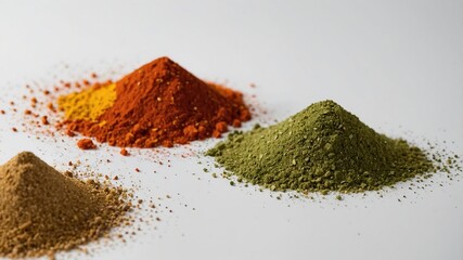 Assorted spices on white background including powder, pepper, curry, cocoa, paprika, chili, and cinnamon