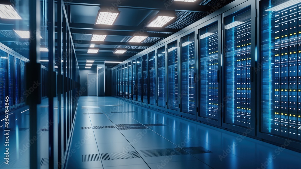 Poster modern data center with rows of server racks and advanced technology infrastructure