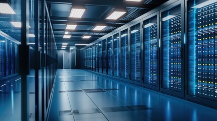 Modern Data Center with Rows of Server Racks and Advanced Technology Infrastructure