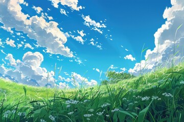 Obraz premium Grass Field landscape with blue sky and white cloud. Blue sky clouds sunny day wallpaper. Cartoon illustration of a Grass Field with blue sky in Summer. green field in a day.