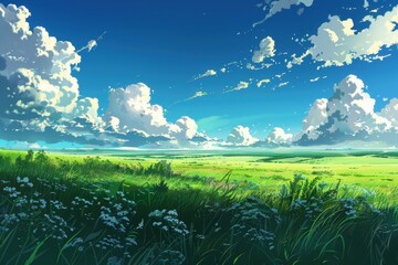 Obraz premium Grass Field landscape with blue sky and white cloud. Blue sky clouds sunny day wallpaper. Cartoon illustration of a Grass Field with blue sky in Summer. green field in a day.