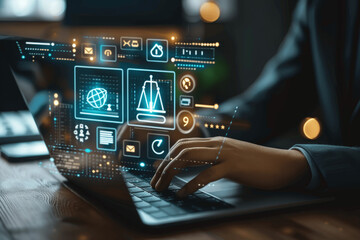 Lawyer Using Laptop with Virtual Legal Icons for Online Legal Services Labor Law Business Legislation Digital Justice Counsel Advice