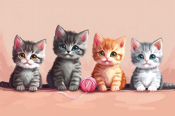 An adorable illustration of cartoon kittens playfully tangled in yarn. These fluffy kittens are set against a soft pastel-colored background. This image is for children's books and greeting cards.