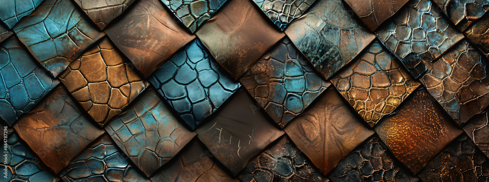 Poster a mosaic of leather in various colors and textures, arranged to create an abstract background with g