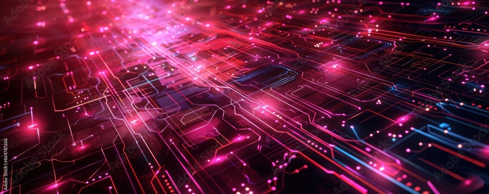 Poster abstract digital circuit board with glowing neon lights. concept of artificial intelligence, technol