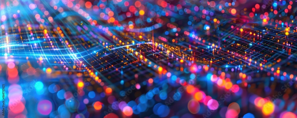 Poster Abstract technology background with glowing lines and particles, representing digital data, network, or internet connection. Concept of innovation, artificial intelligence, and future technology.