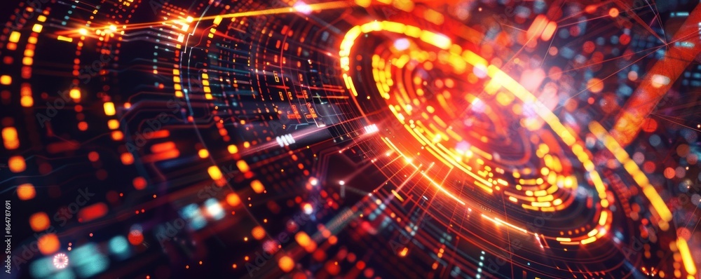 Poster abstract digital background with glowing orange and red circles and lines. futuristic technology, cy