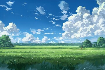 Grass Field landscape with blue sky and white cloud. Blue sky clouds sunny day wallpaper. Cartoon illustration of a Grass Field with blue sky in Summer. green field in a day.