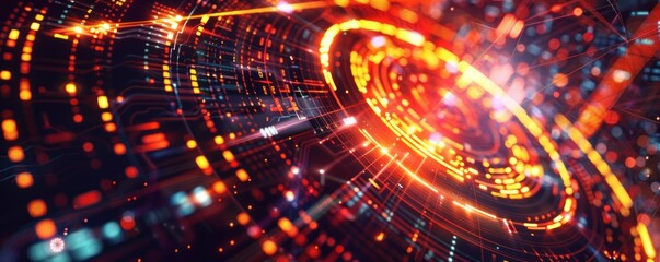 Abstract digital background with glowing orange and red circles and lines. Futuristic technology, cyber space and artificial intelligence concept.
