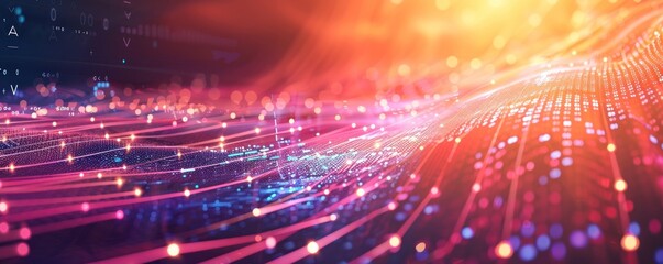 Fototapeta premium Abstract futuristic background of glowing colorful lines, dots, and particles. Concept of digital technology, data, network, and communication.