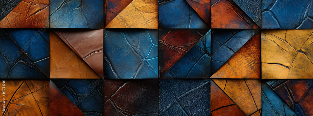 Poster a mosaic of leather in various colors and textures, arranged to create an abstract background with g