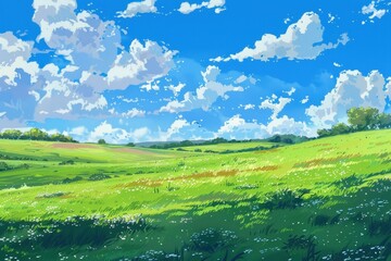 Fototapeta premium Grass Field landscape with blue sky and white cloud. Blue sky clouds sunny day wallpaper. Cartoon illustration of a Grass Field with blue sky in Summer. green field in a day.