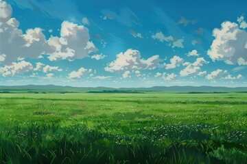 Grass Field landscape with blue sky and white cloud. Blue sky clouds sunny day wallpaper. Cartoon illustration of a Grass Field with blue sky in Summer. green field in a day.