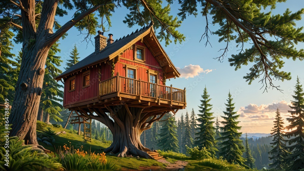Poster treehouse in the forest.
