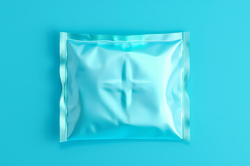 Fototapeta premium Sealed blue foil packet on a vibrant blue background, providing a minimalistic and modern look suitable for various uses.