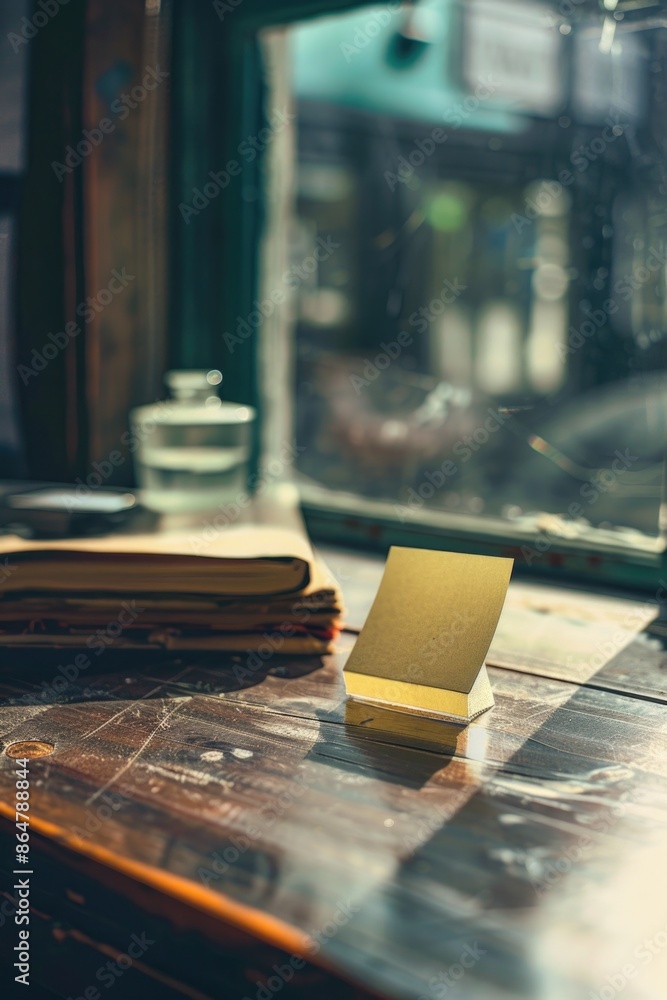 Poster a small yellow card sits on a table next to a book. the card is labeled with a name and a phone numb