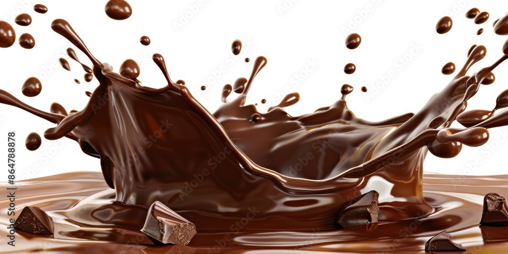 Poster a splash of chocolate with chocolate chips floating in the middle. concept of indulgence and enjoyme