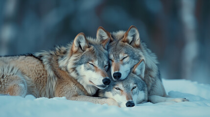 Fototapeta premium Three wolves cuddling in snowy wilderness, showcasing their bond and natural beauty in a captivating winter scene.