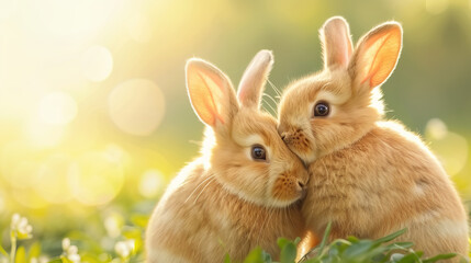 Fototapeta premium Two adorable baby rabbits snuggling together in a field, bathed in warm, golden sunlight. Perfect for spring and nature themes.