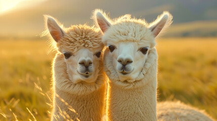 Fototapeta premium Two adorable alpacas standing close in a golden field, illuminated by warm sunlight, capturing a serene and picturesque moment in nature.